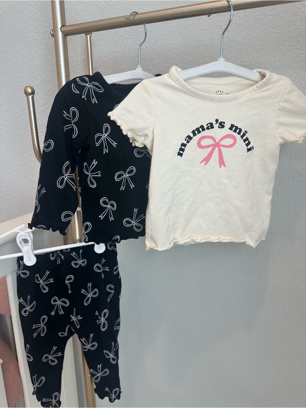 Cat & Jack Cream Top and Black Bow-Print Pajama Set with Pink Bow Graphic